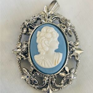 Elegant Silver and Blue Cameo Pendant/pin brooch
